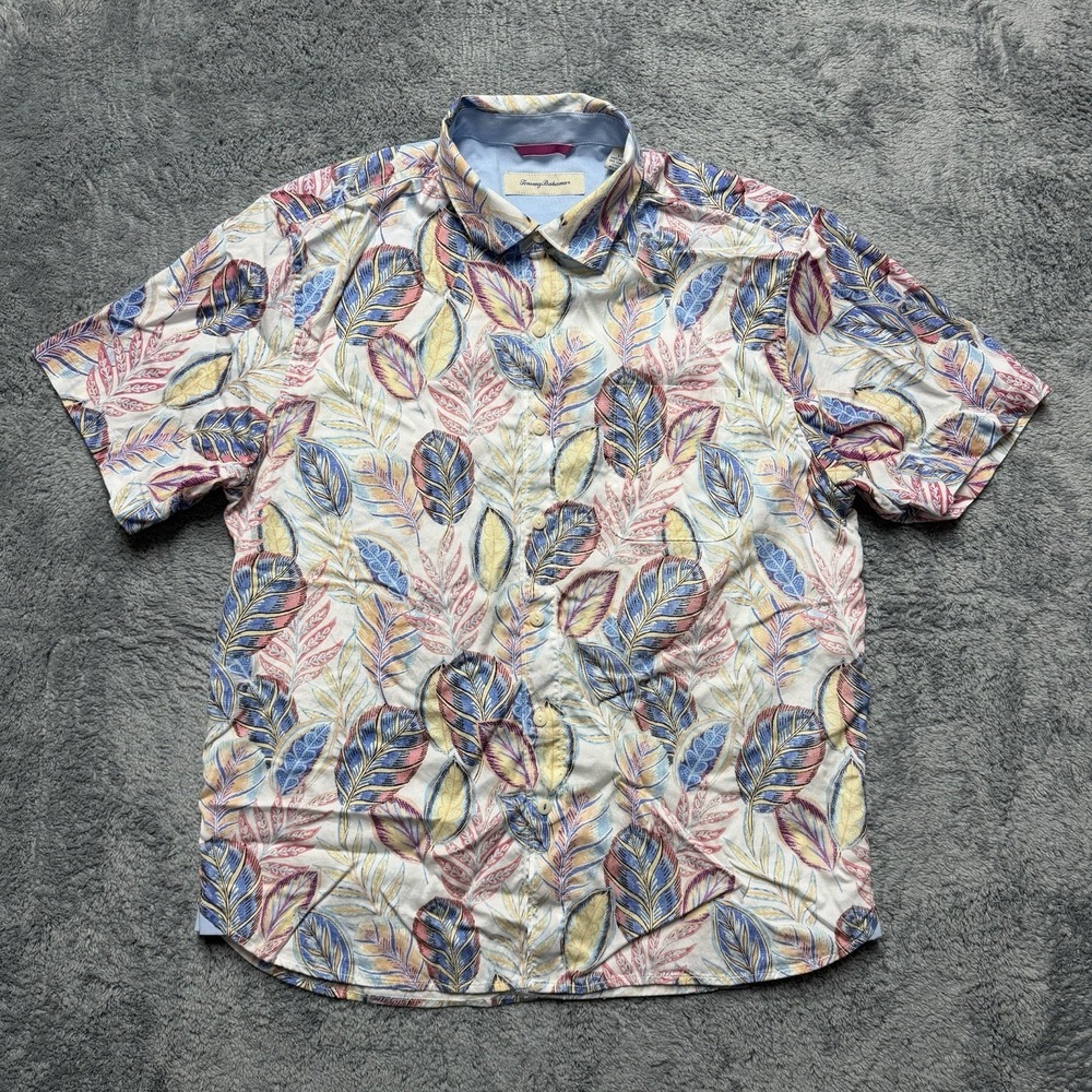 Tommy Bahama Shirt Mens L Multicolor Floral Hawaiian Vacation Lyocell Cotton